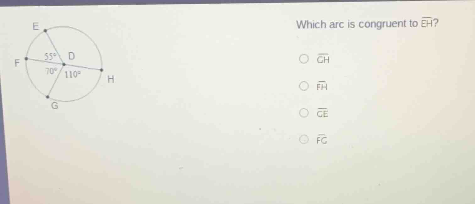 which arc is congruent to $widehat{eh}$?$\bigcirc$ $widehat{gh}$$\bigci…