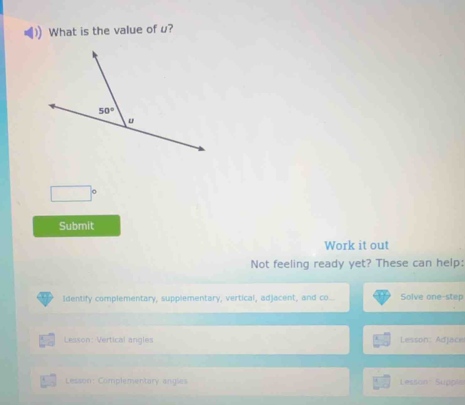 what is the value of $u$? $\boldsymbol{50^{circ}}$ $\boldsymbol{u}$ wor…