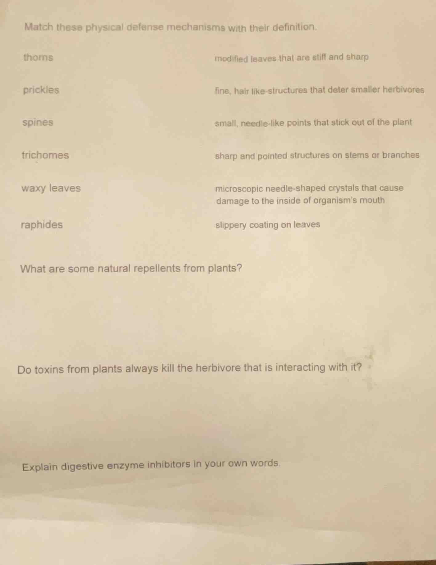 match these physical defense mechanisms with their definition. thorns m…