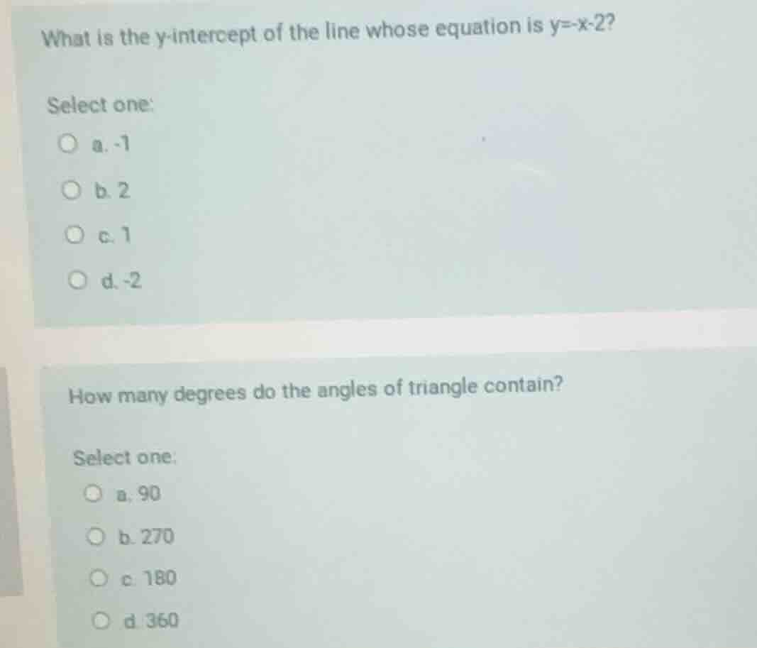 what is the y-intercept of the line whose equation is $y=-x-2$? select …