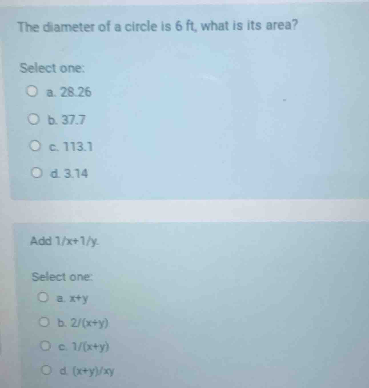 the diameter of a circle is 6 ft, what is its area? select one: a. 28.2…