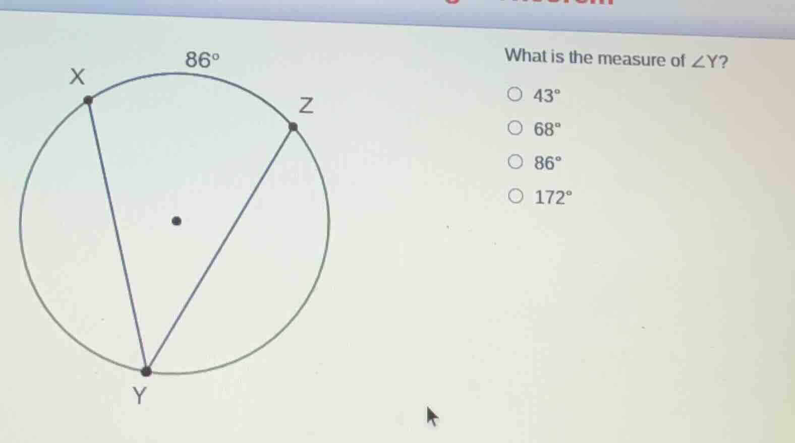 what is the measure of $angle y$?$\bigcirc$ $43^circ$$\bigcirc$ $68^cir…
