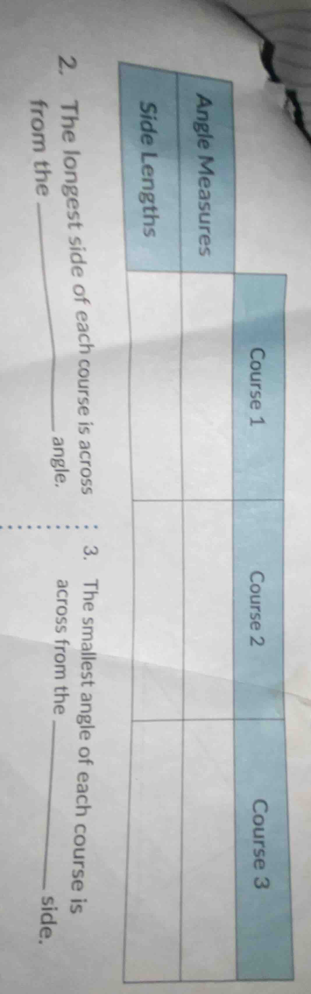 2. the longest side of each course is across from the ______ angle. 3. …