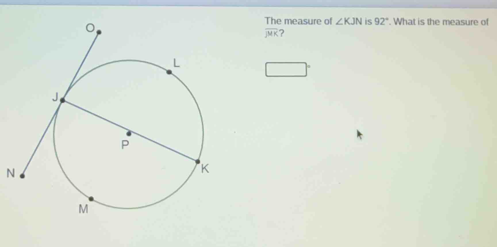 the measure of $angle kjn$ is $92^\\circ$. what is the measure of $over…