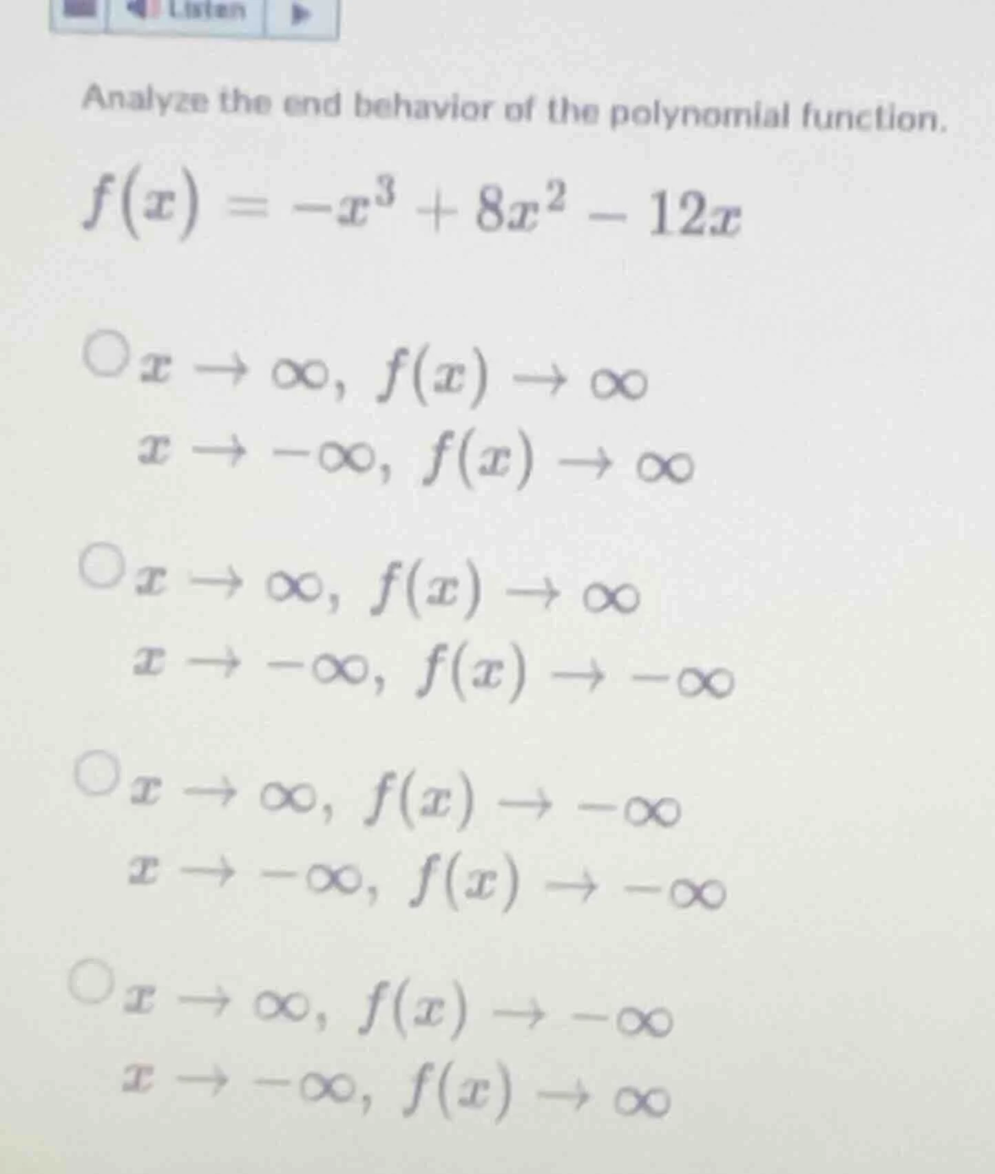 analyze the end behavior of the polynomial function. $f(x) = -x^3 + 8x^…