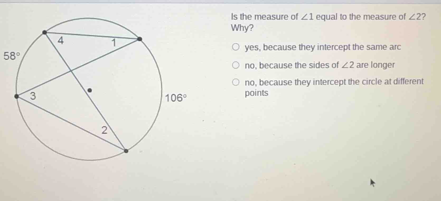 is the measure of $angle 1$ equal to the measure of $angle 2$? why? ○ y…
