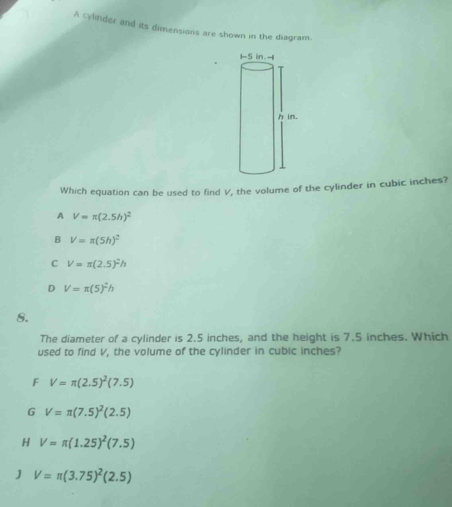 a cylinder and its dimensions are shown in the diagram.which equation c…