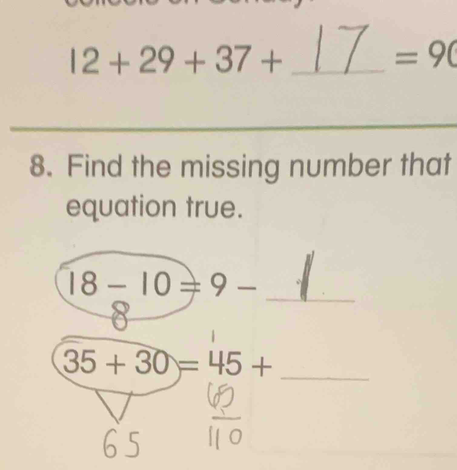 $12 + 29 + 37 + 17 = 90$ 8. find the missing number that makes the equa…