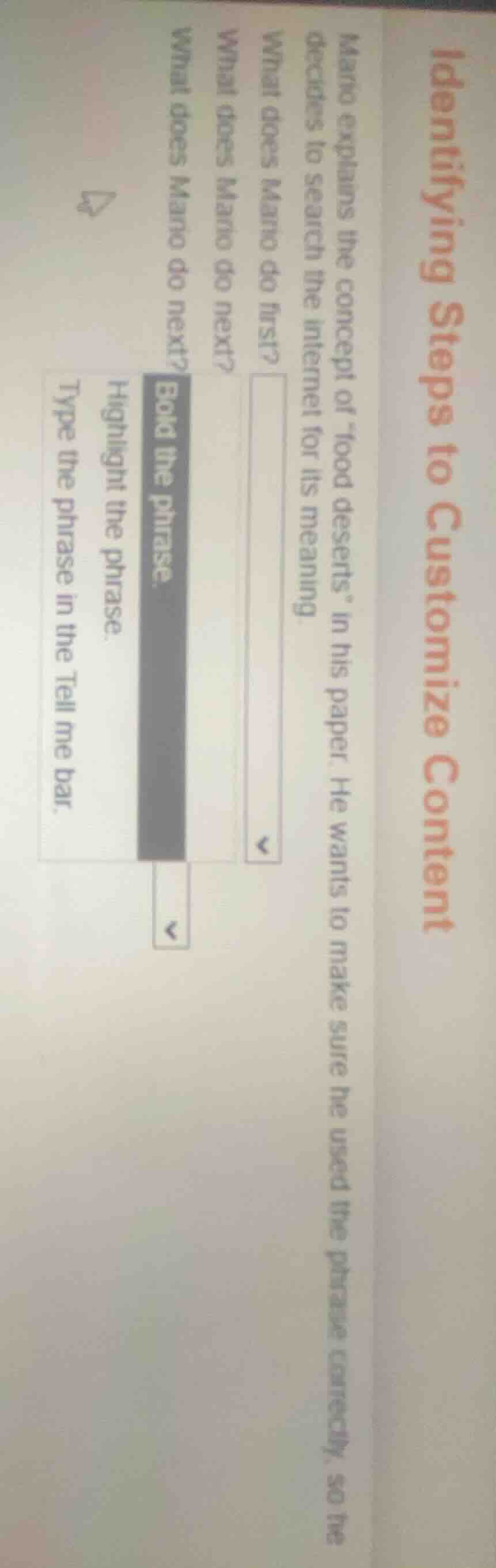 identifying steps to customize content mario explains the concept of \f…