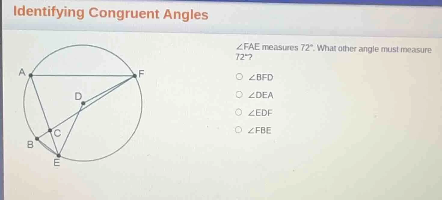 identifying congruent angles $angle fae$ measures $72^\\circ$. what oth…
