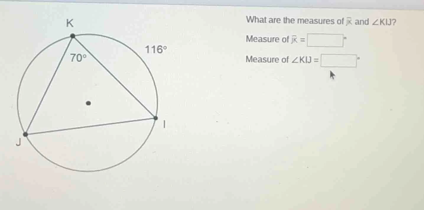 what are the measures of $overset{\frown}{jk}$ and $angle kij$? measure…