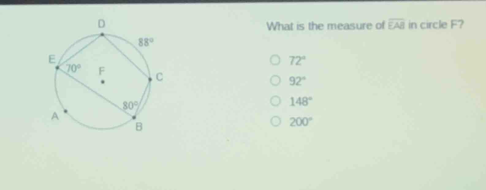what is the measure of $widehat{eab}$ in circle f? $72^circ$ $92^circ$ …