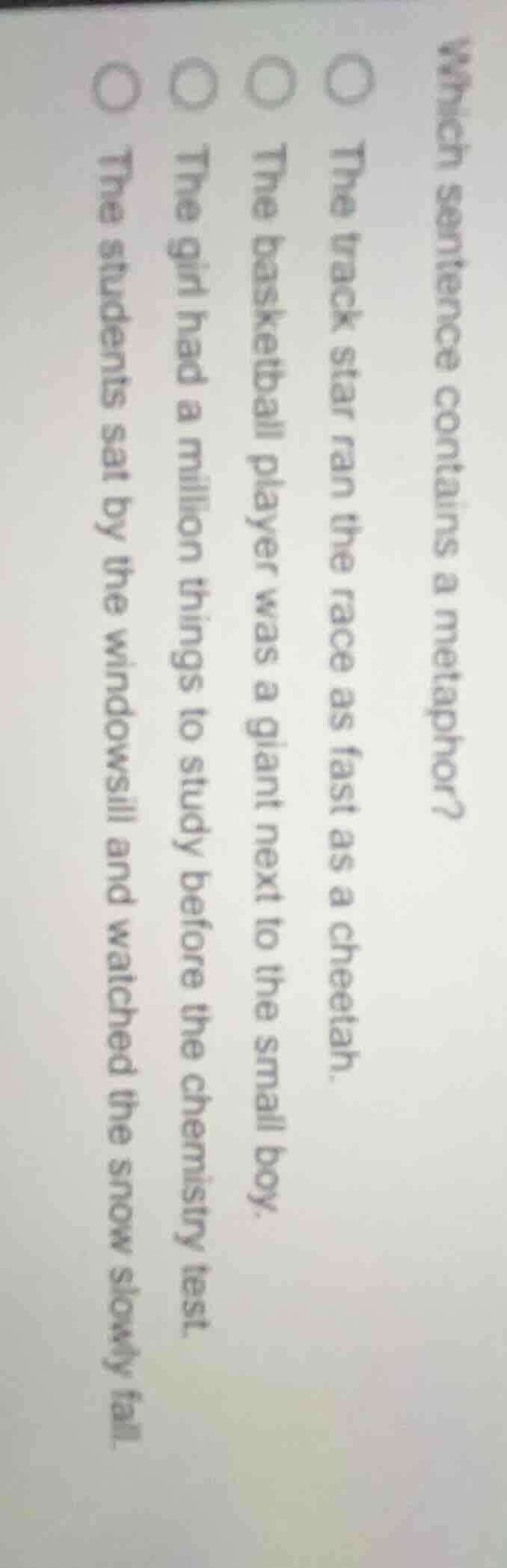 which sentence contains a metaphor? ○ the track star ran the race as fa…