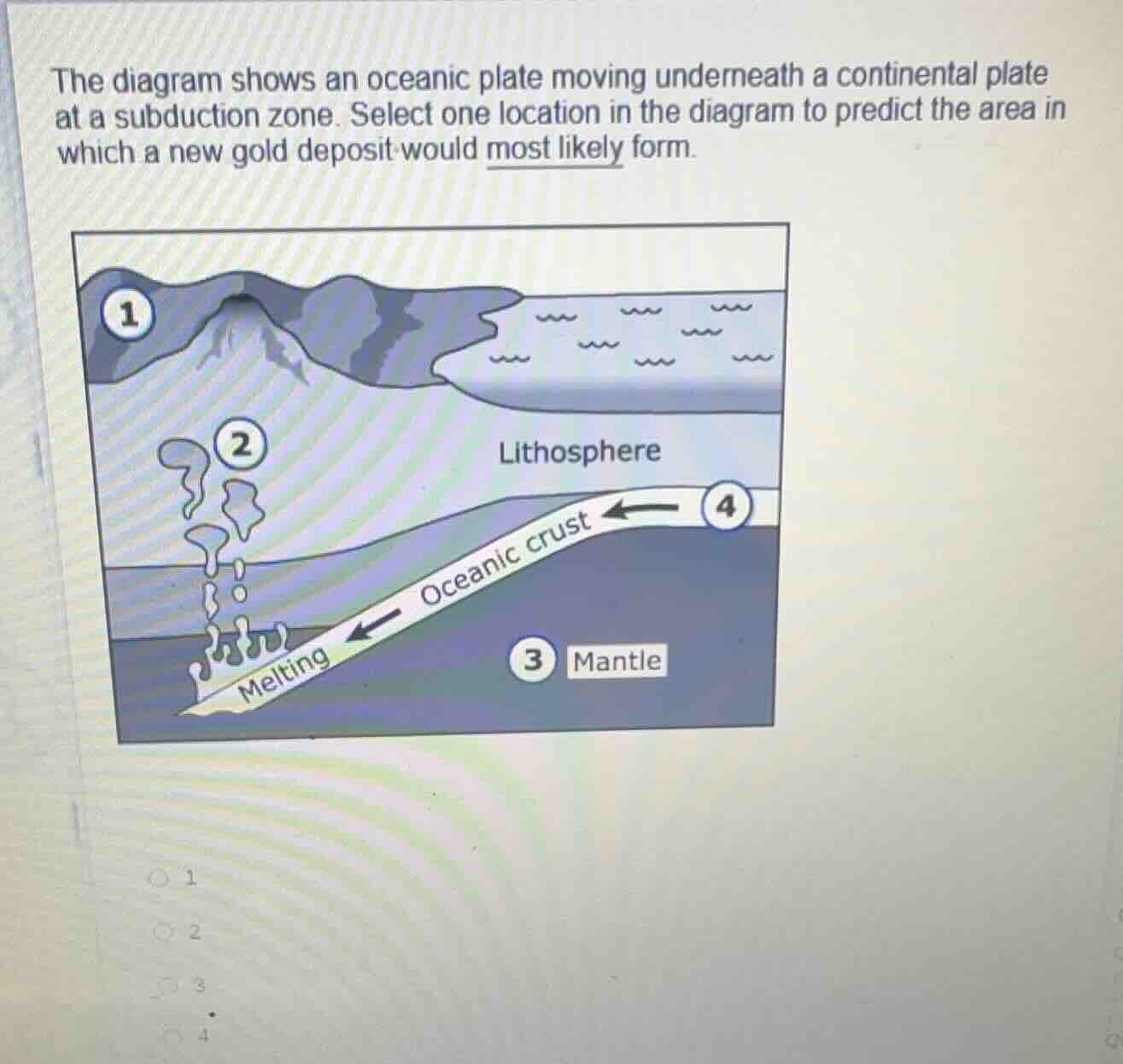 the diagram shows an oceanic plate moving underneath a continental plat…