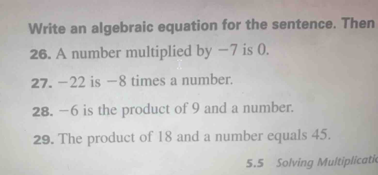 write an algebraic equation for the sentence. then 26. a number multipl…