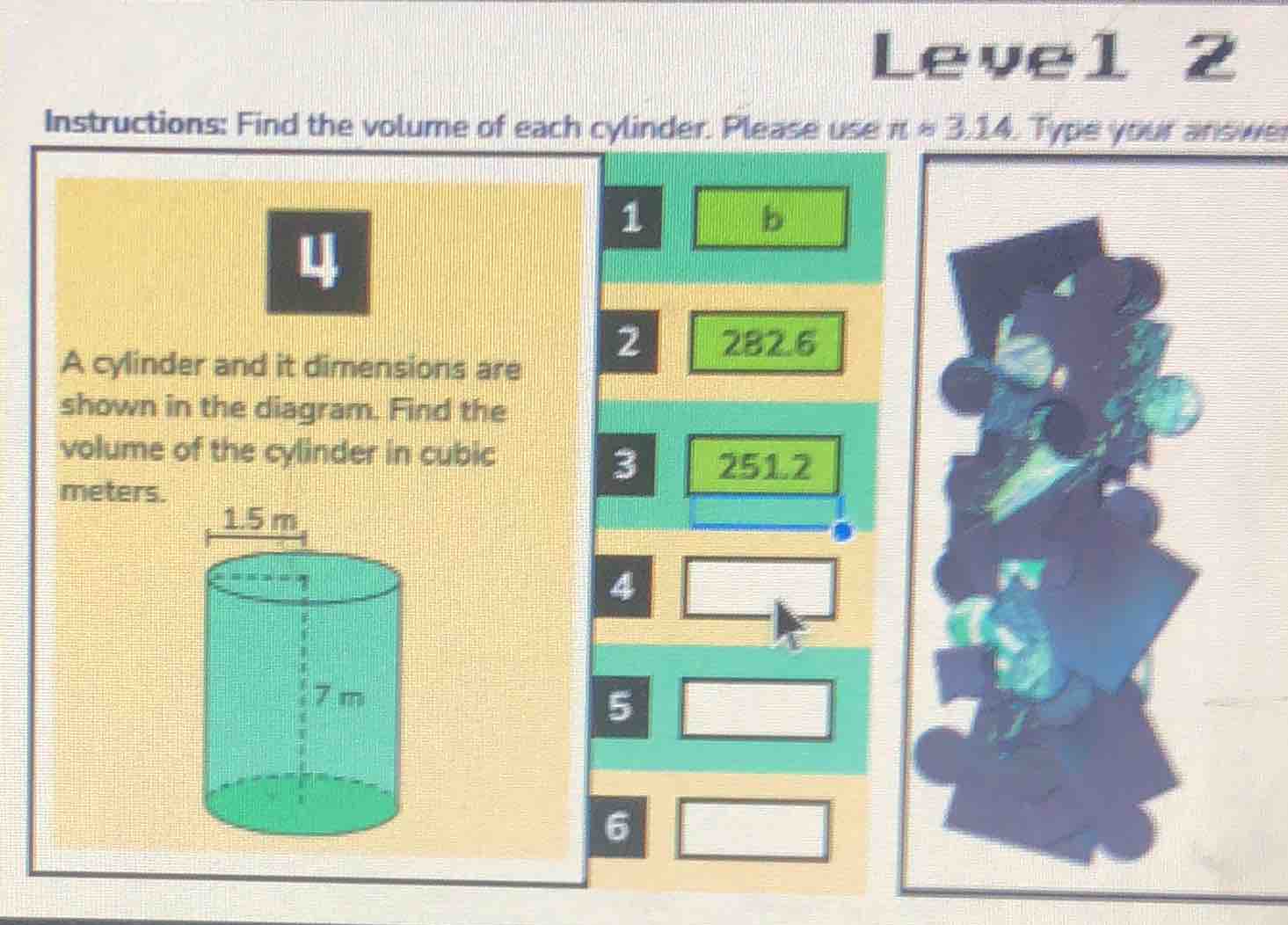 level 2 instructions: find the volume of each cylinder. please use π ≈ …