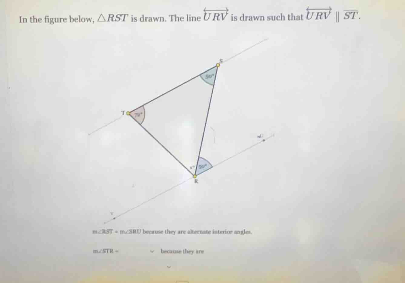 in the figure below, $\triangle rst$ is drawn. the line $overleftrighta…