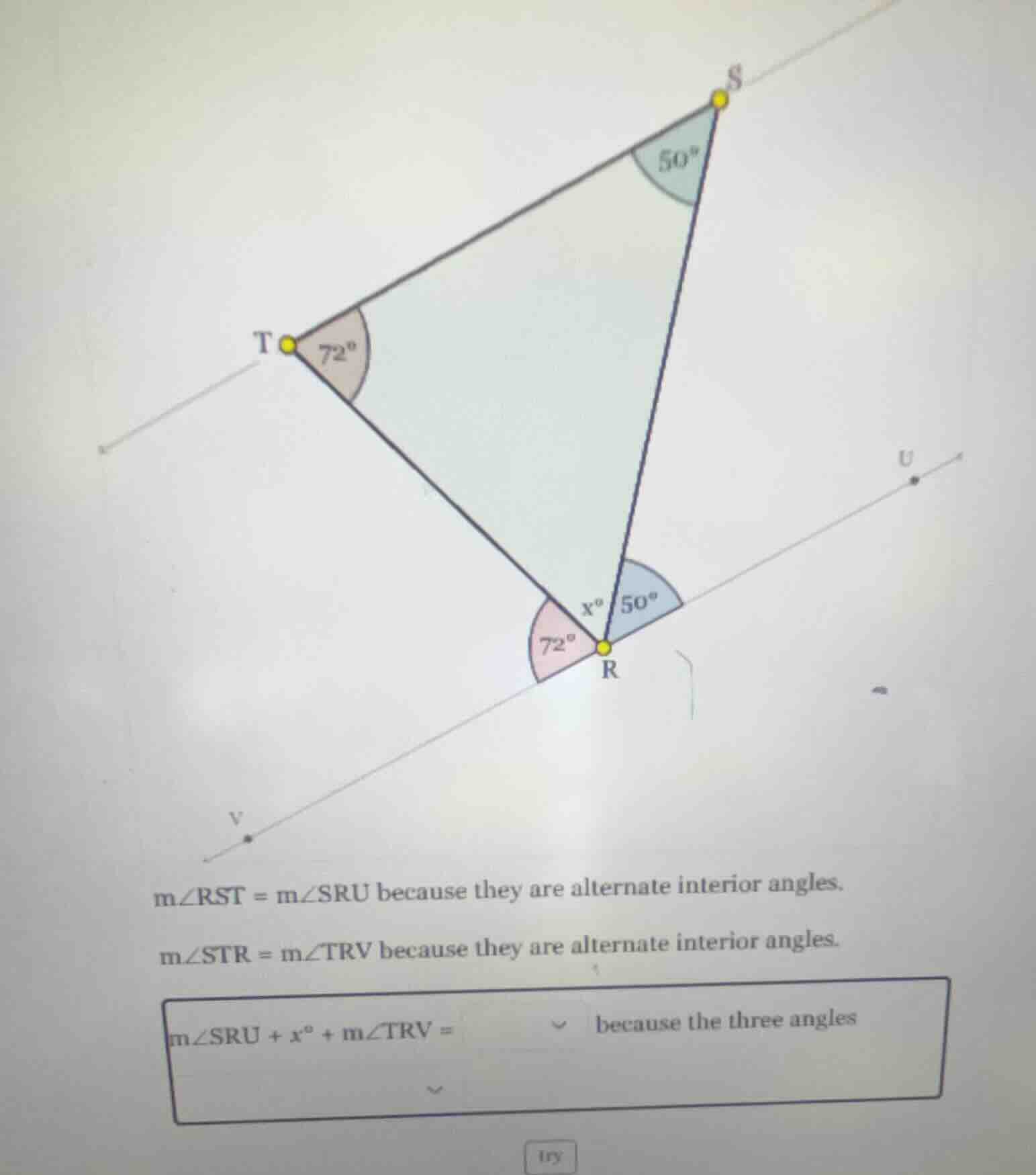 $mangle rst = mangle sru$ because they are alternate interior angles.$m…