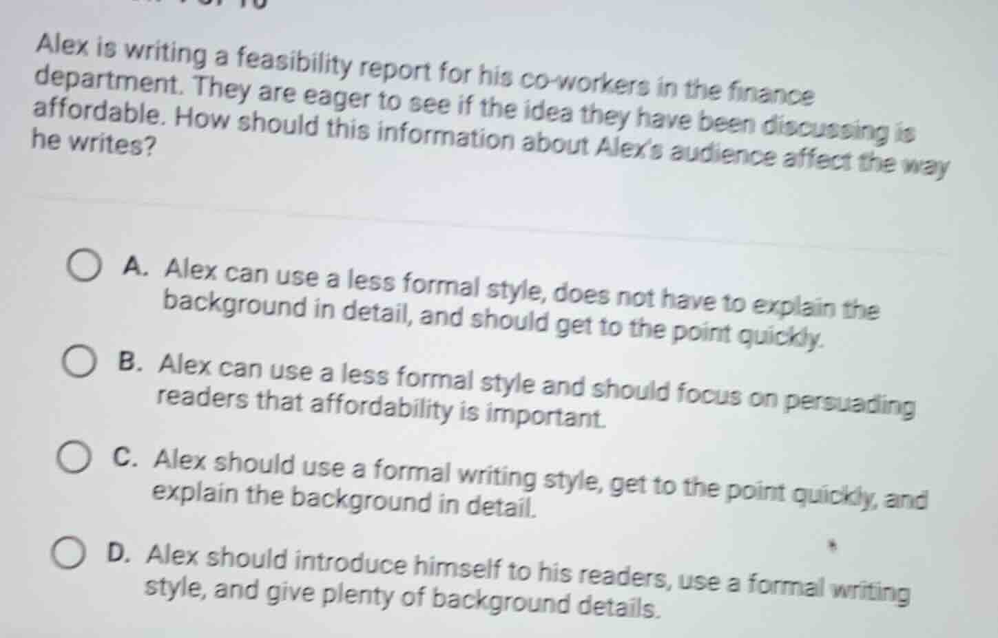 alex is writing a feasibility report for his co-workers in the finance …