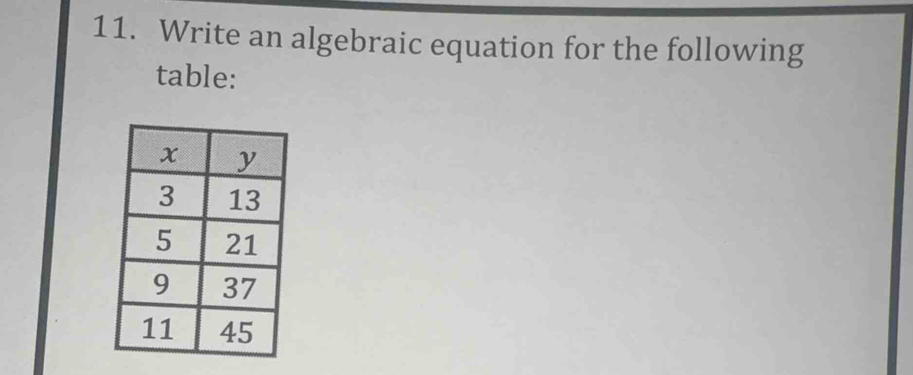 11. write an algebraic equation for the following table: | $x$ | $y$ ||…