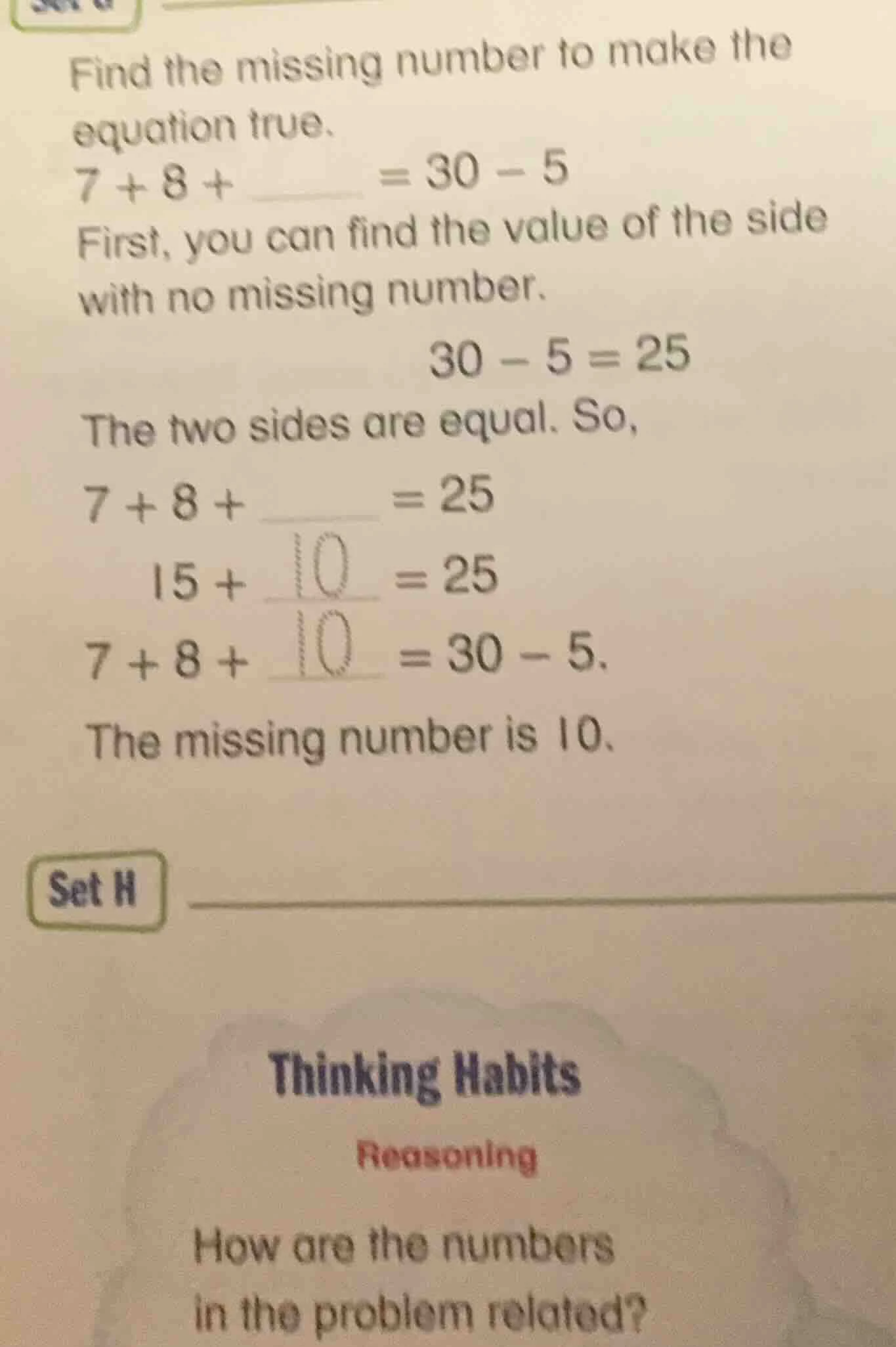 find the missing number to make the equation true. $7 + 8 + \\underline…