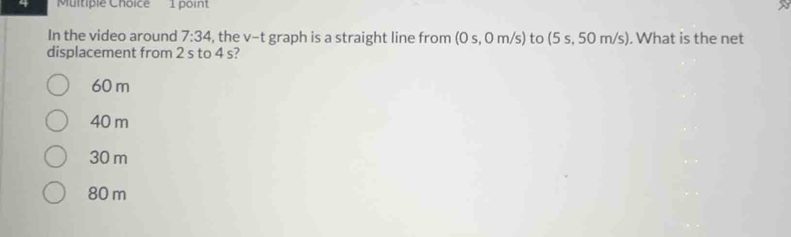 4 multiple choice 1 point in the video around 7:34, the v-t graph is a …