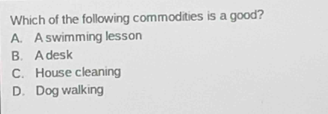 which of the following commodities is a good? a. a swimming lesson b. a…