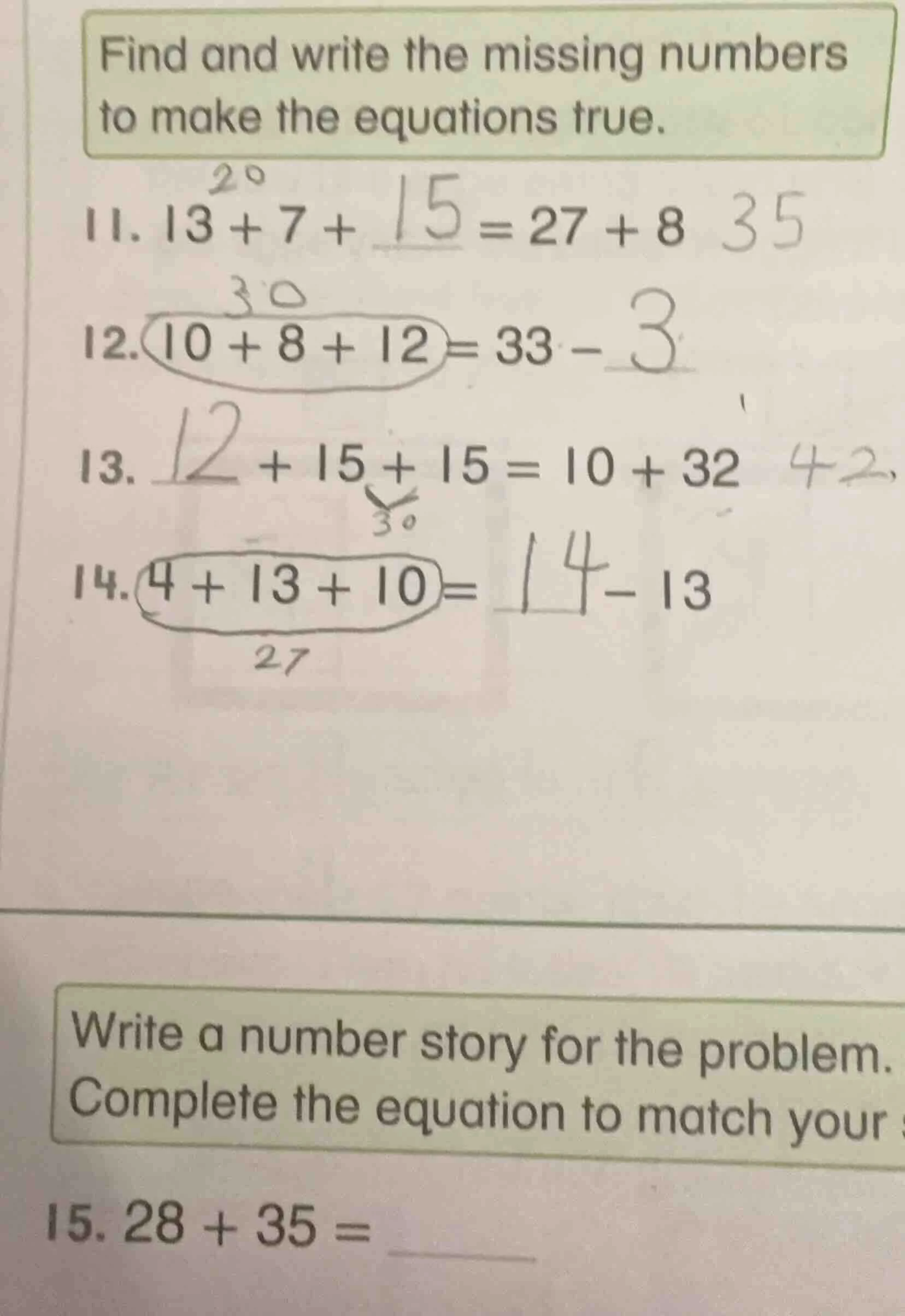 find and write the missing numbers to make the equations true. 11. $13 …