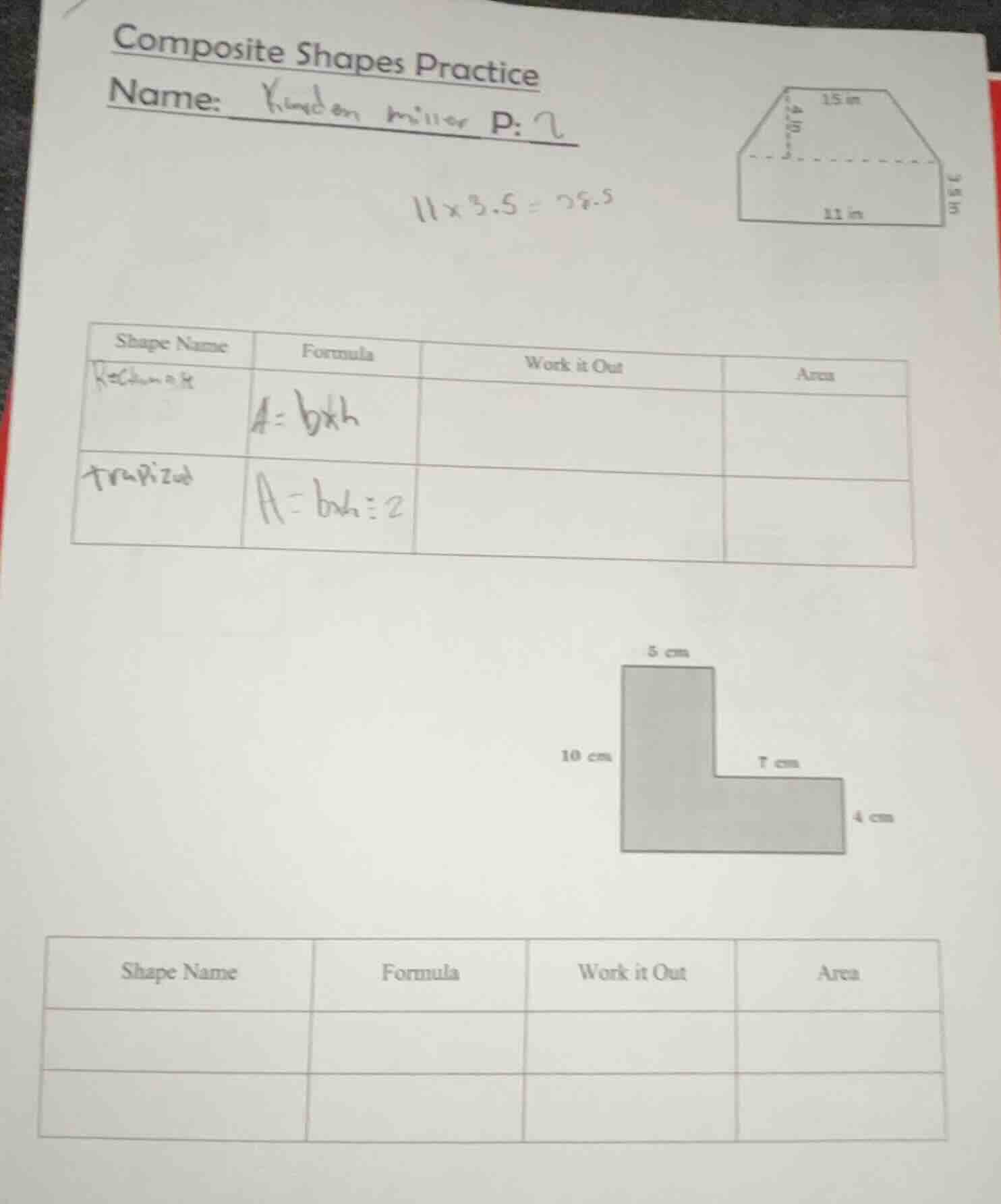 composite shapes practice name: p: 2 $11×3.5=38.5$ |shape name|formula|…