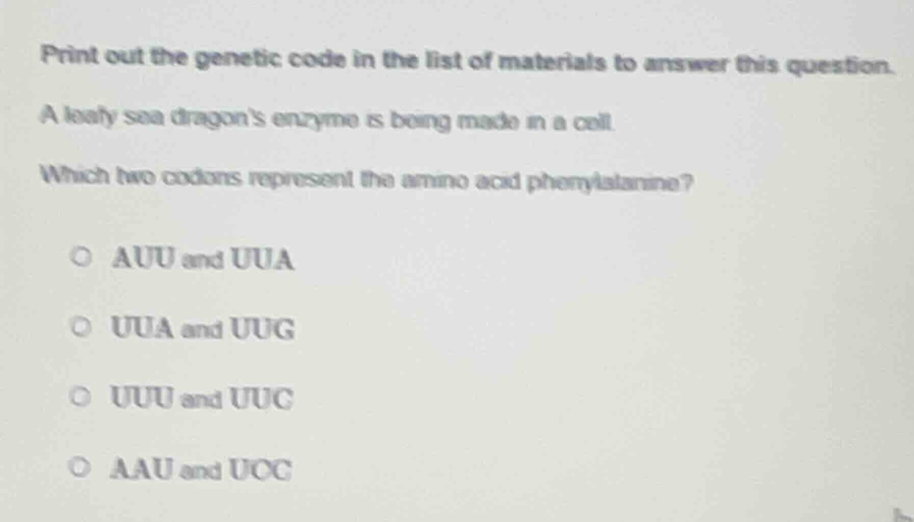 print out the genetic code in the list of materials to answer this ques…