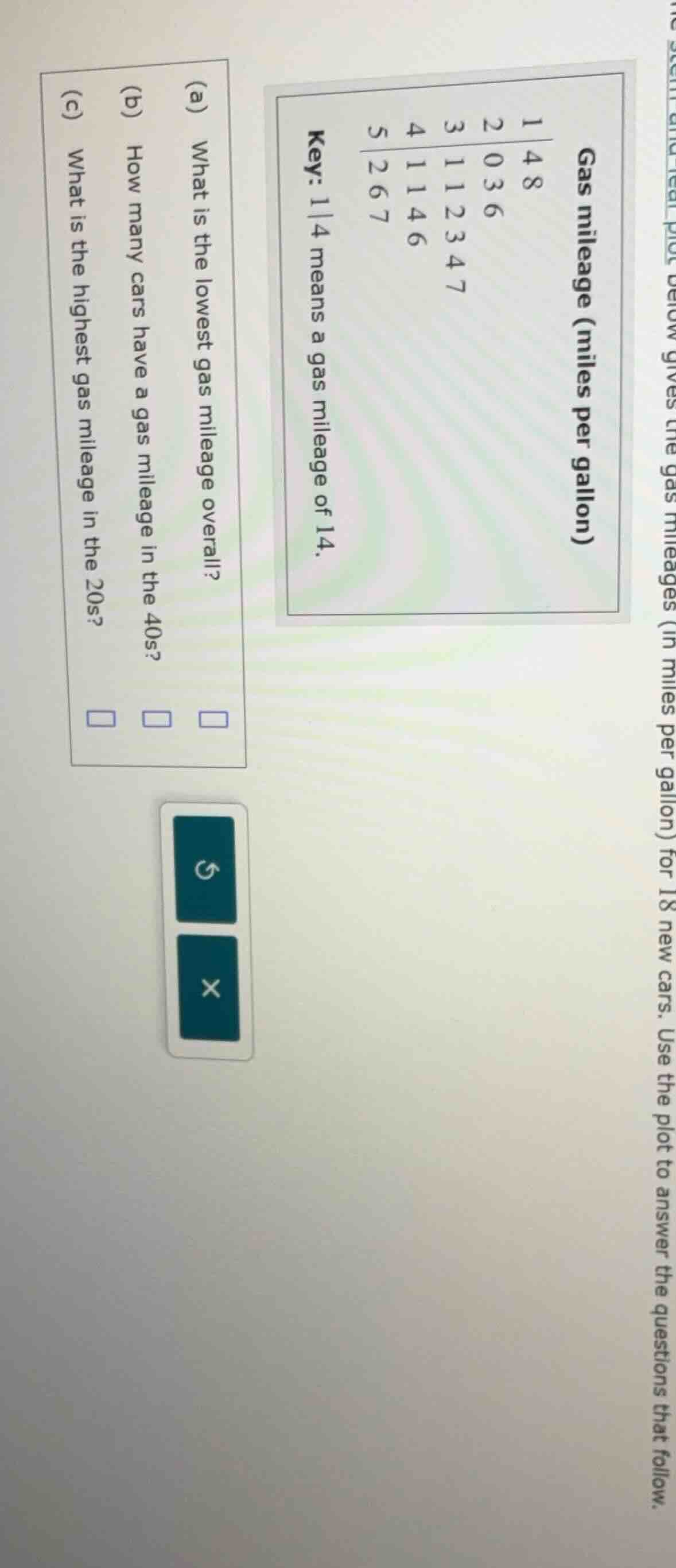 the stem-and-leaf plot below gives the gas mileages (in miles per gallo…