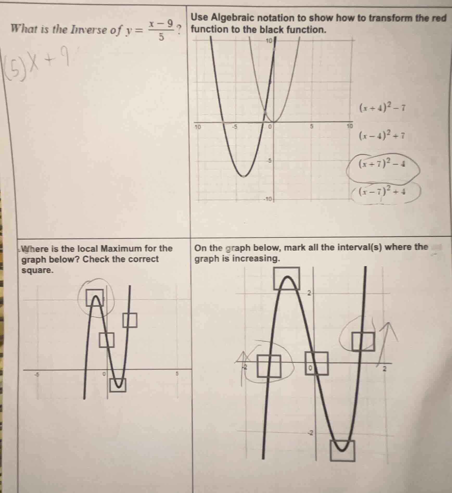 what is the inverse of $y = \\frac{x - 9}{5}$? use algebraic notation t…