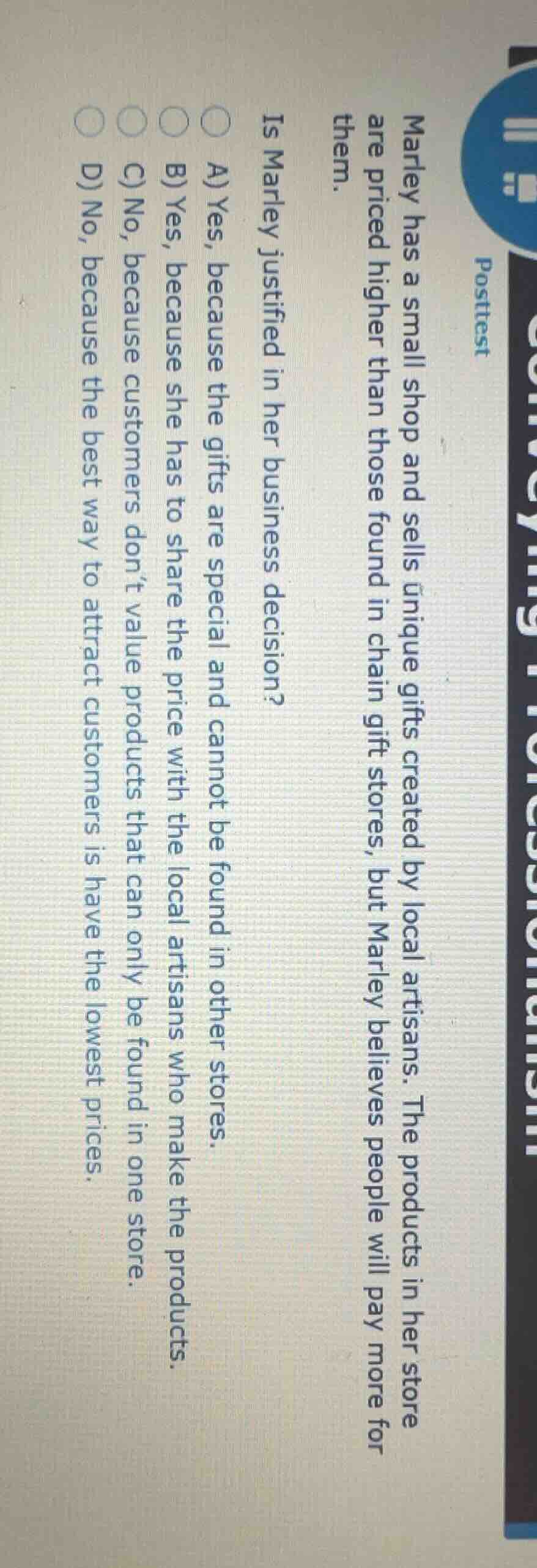 posttest marley has a small shop and sells unique gifts created by loca…