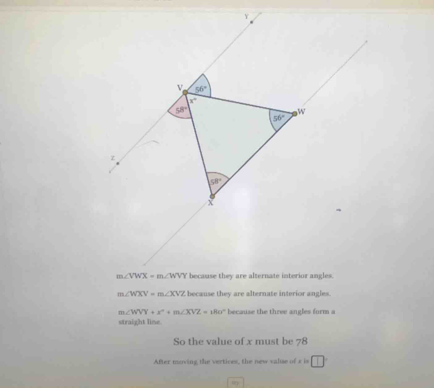 $mangle vwx = mangle wvy$ because they are alternate interior angles.$m…