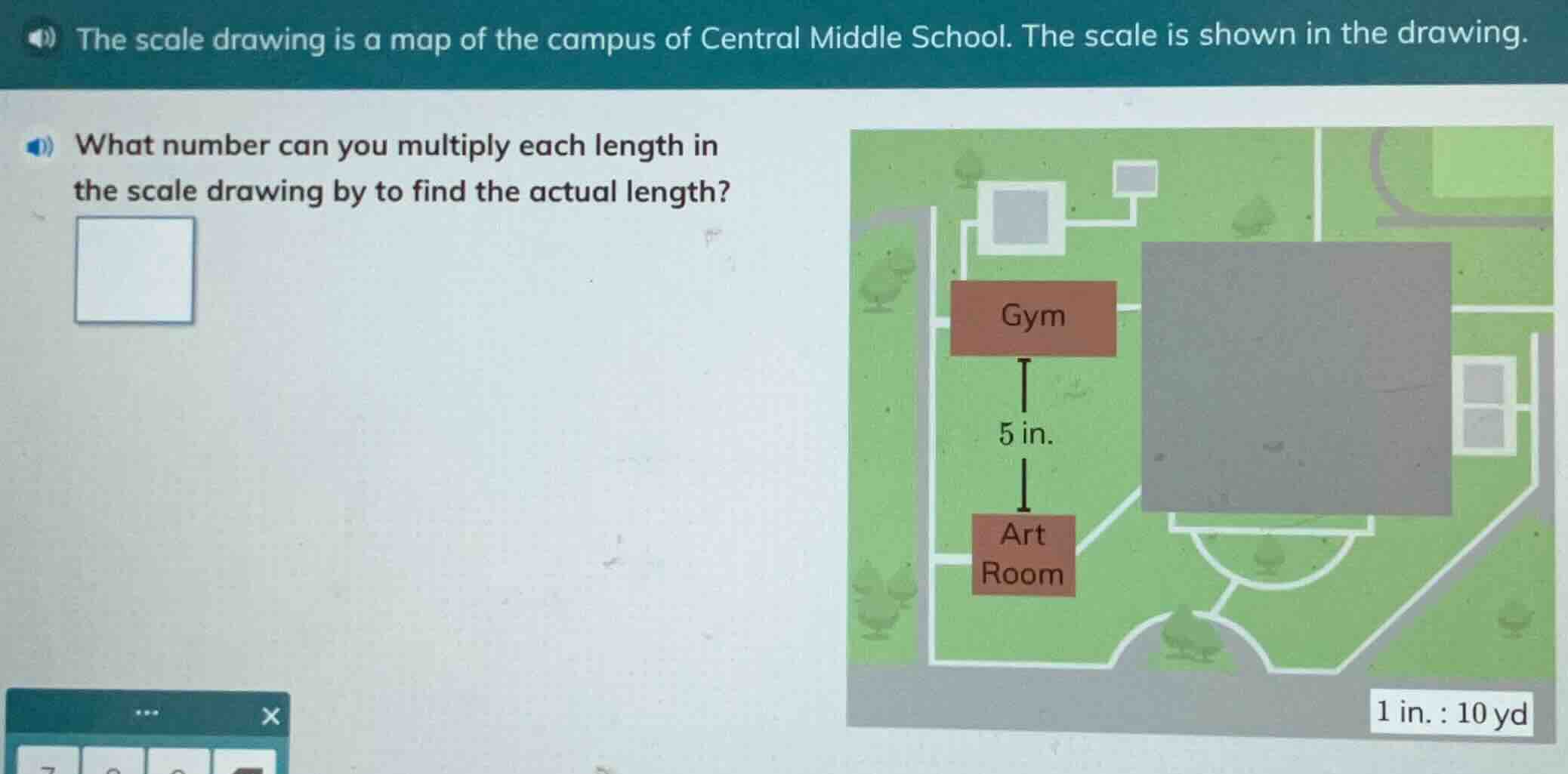 the scale drawing is a map of the campus of central middle school. the …