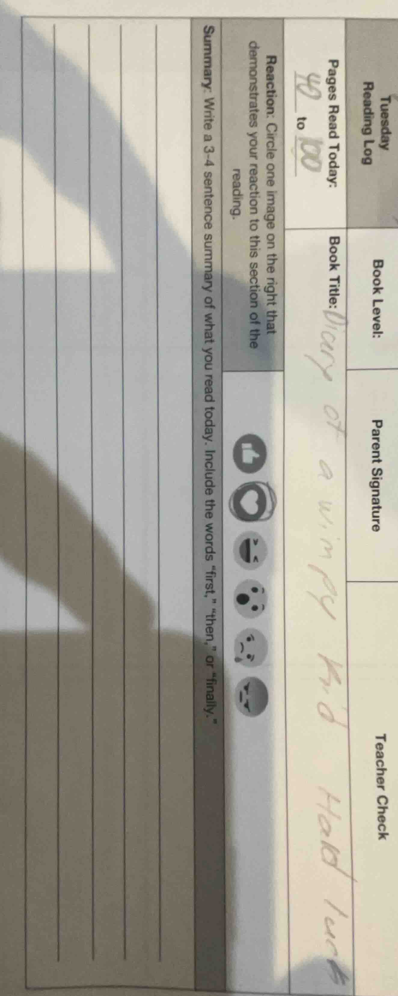 tuesday reading log book level: parent signature teacher check pages re…