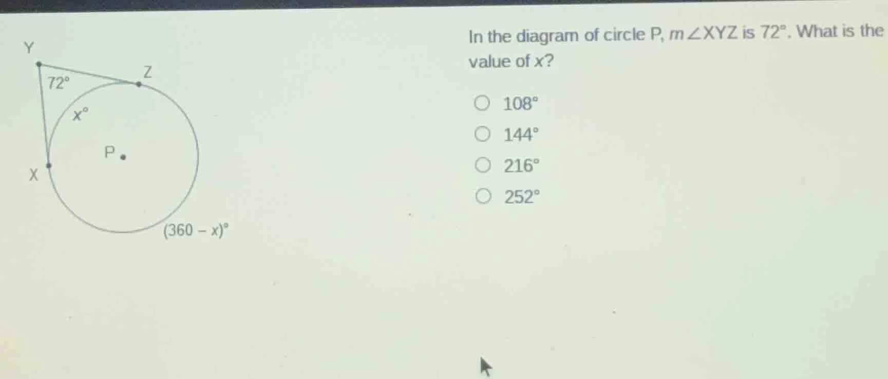 in the diagram of circle p, $m\\angle xyz$ is $72^\\circ$. what is the …