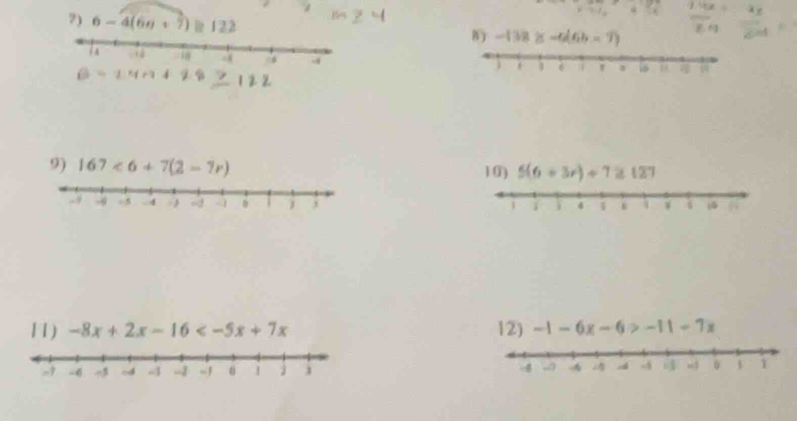 7) $6 - 4(6n + 7) \\geq 122$ 8) $-138 \\geq -6(6b - 7)$ 9) $167 < 6 + 7…