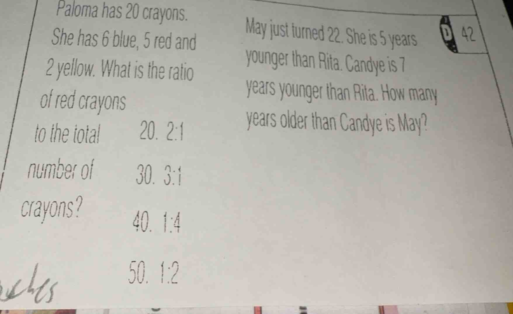 1. paloma has 20 crayons. she has 6 blue, 5 red and 2 yellow. what is t…