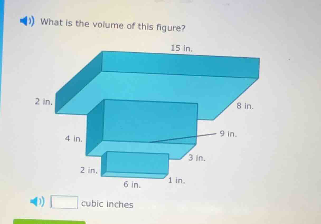 what is the volume of this figure? 15 in. 2 in. 8 in. 4 in. 9 in. 3 in.…