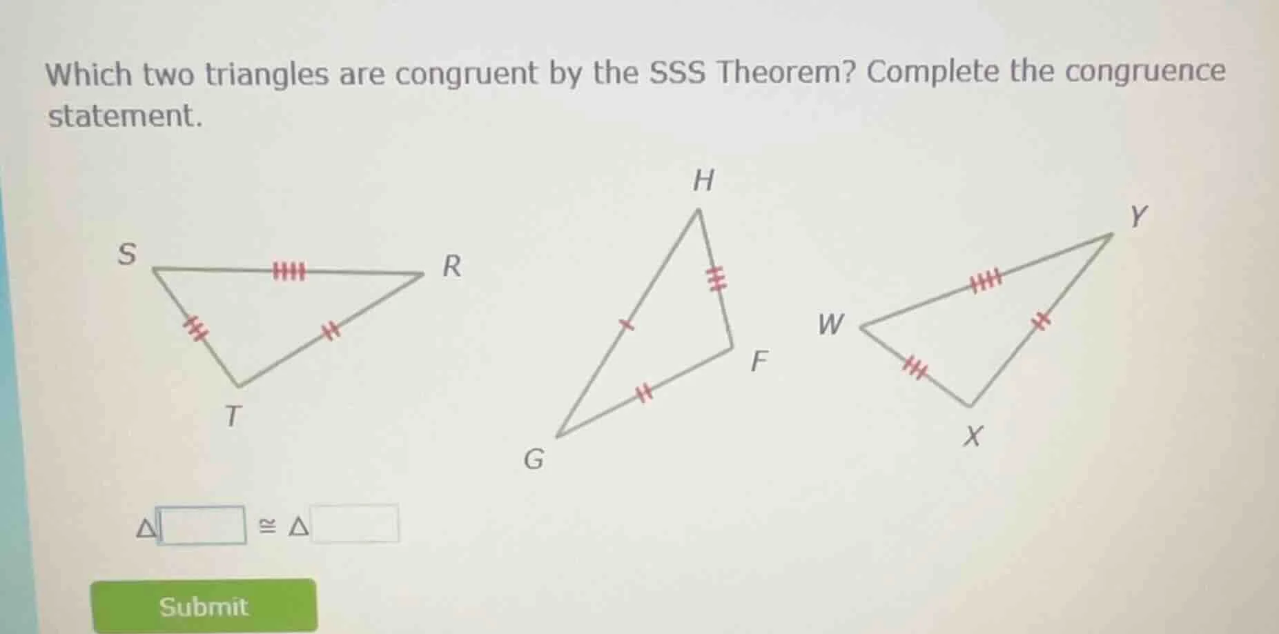 which two triangles are congruent by the sss theorem? complete the cong…