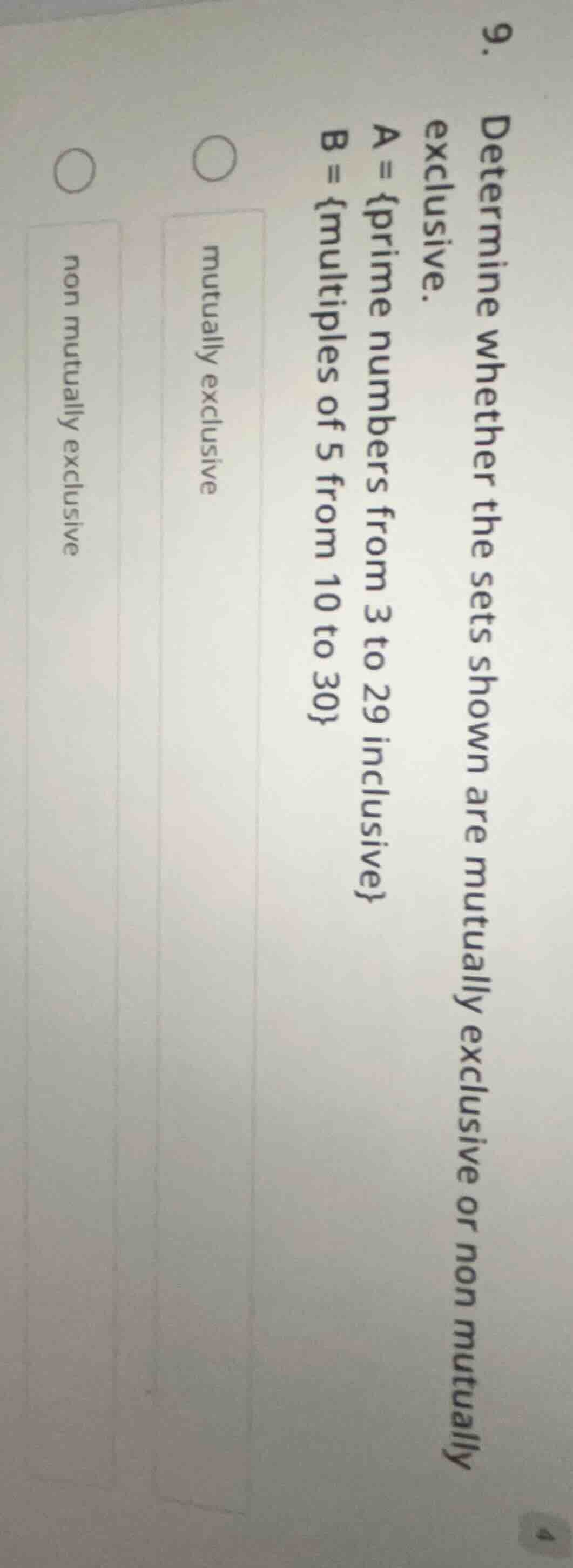 9. determine whether the sets shown are mutually exclusive or non mutua…