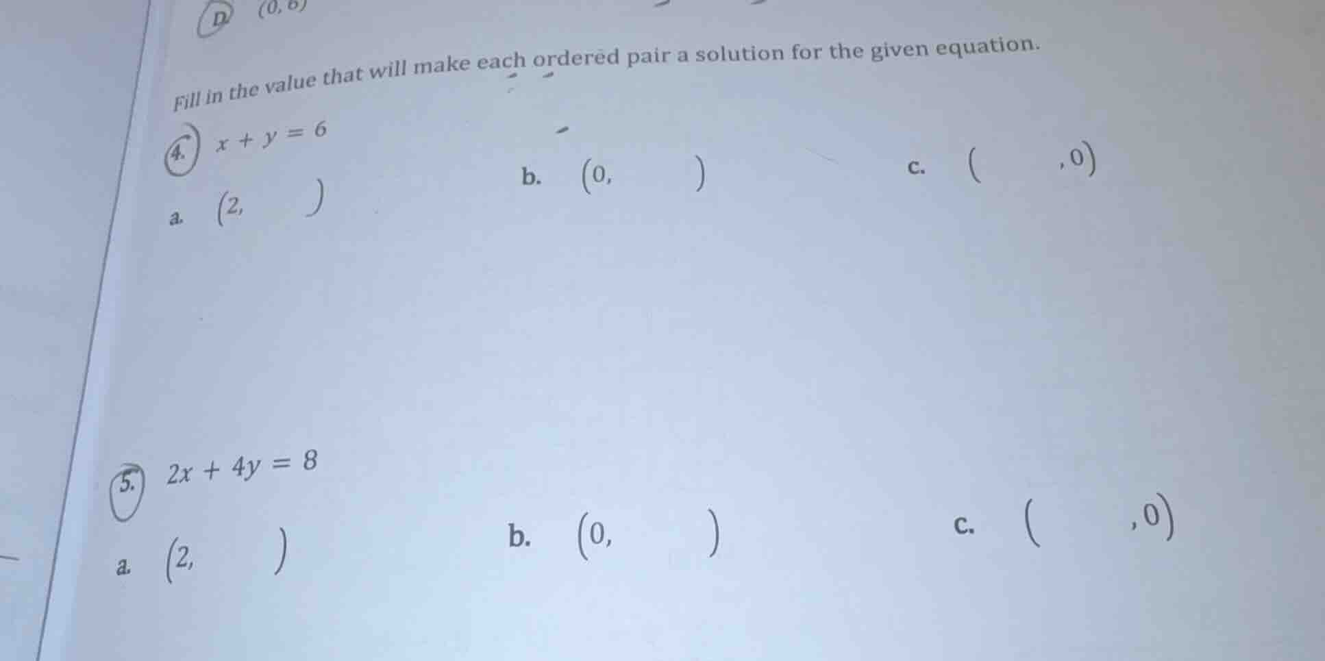 fill in the value that will make each ordered pair a solution for the g…