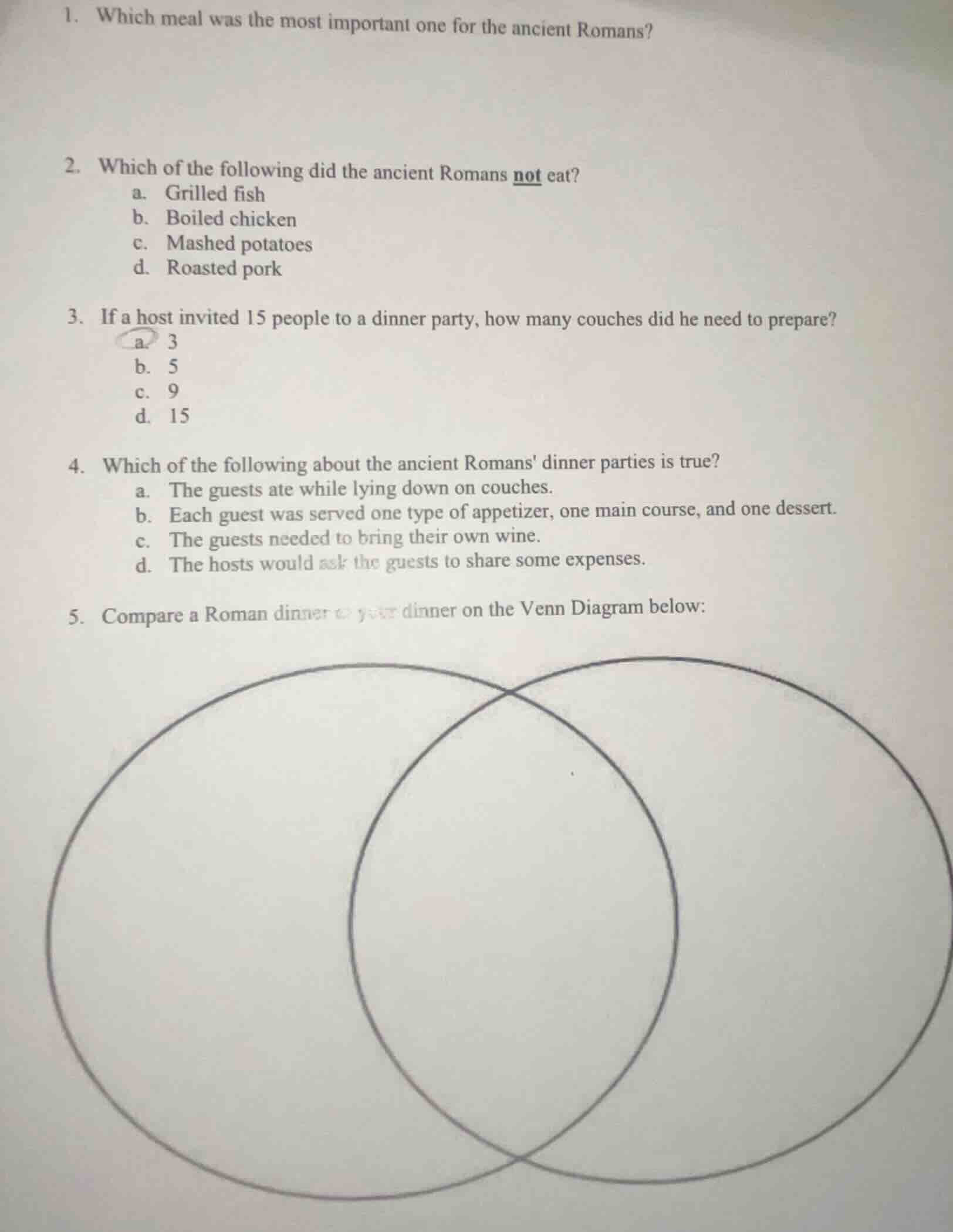 1. which meal was the most important one for the ancient romans? 2. whi…