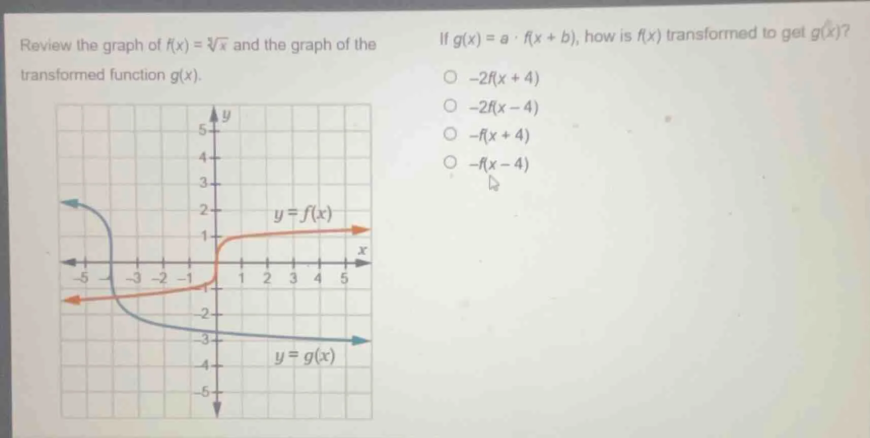review the graph of $f(x) = \\sqrt3{x}$ and the graph of the transforme…