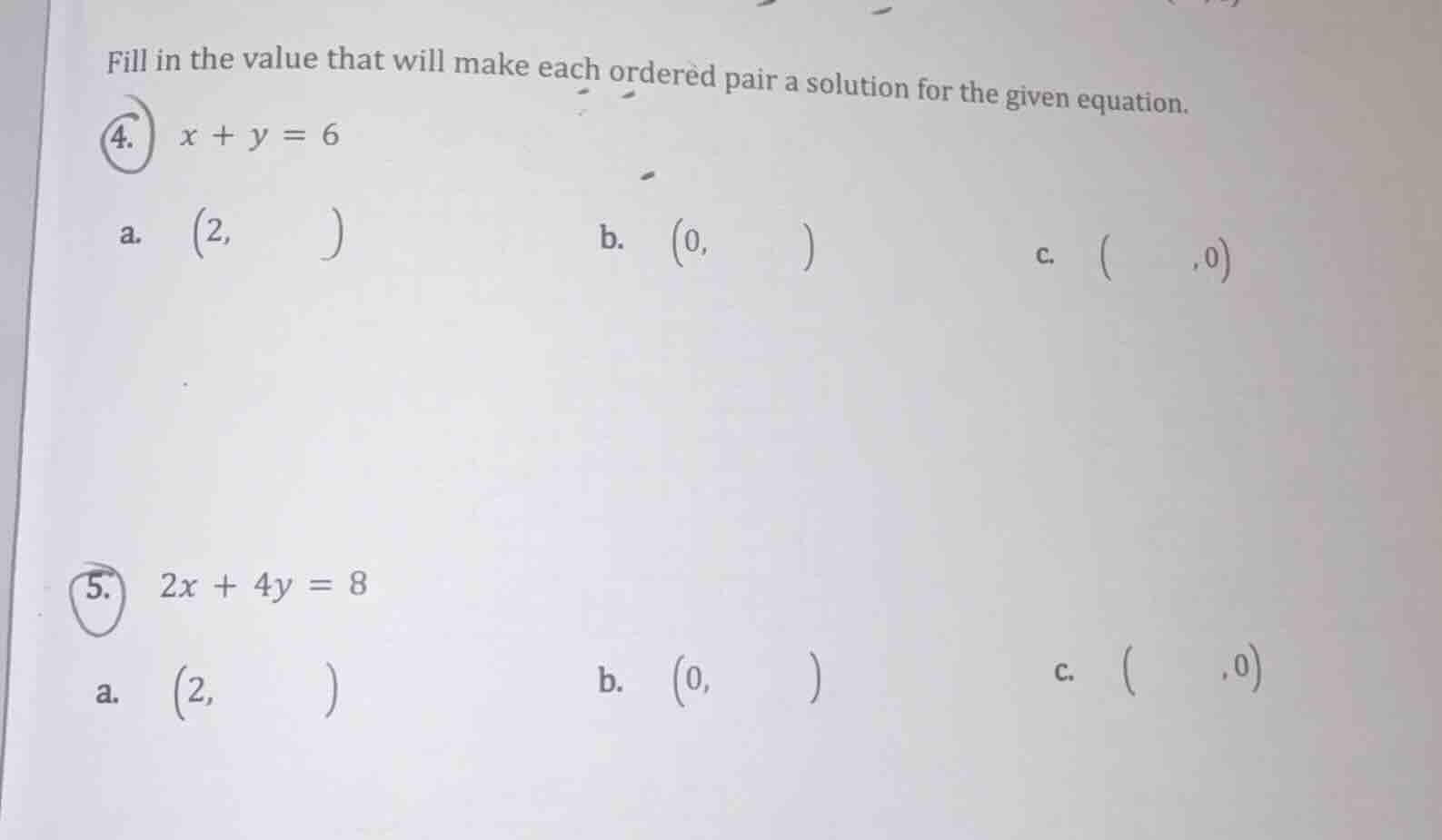 fill in the value that will make each ordered pair a solution for the g…