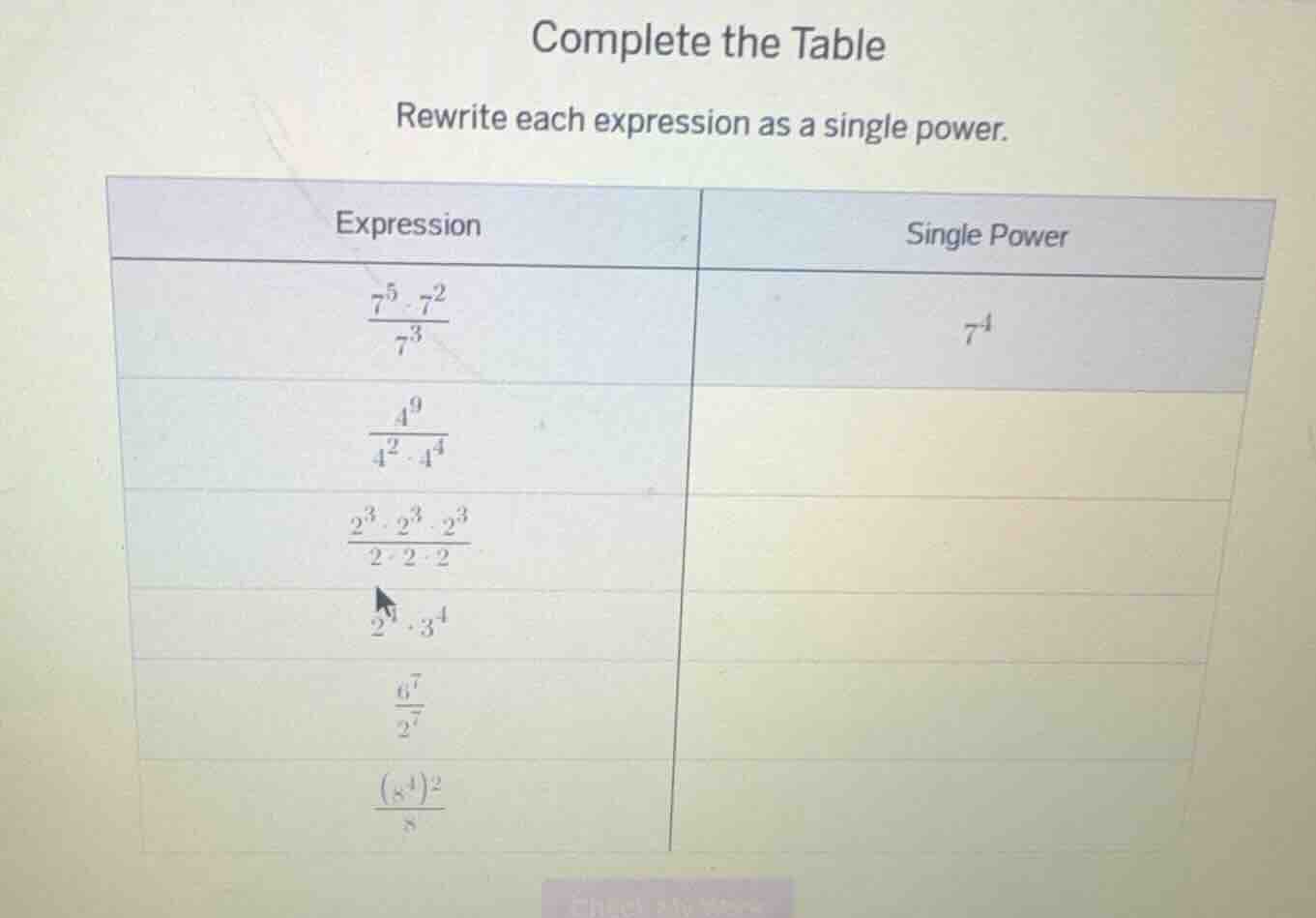 complete the table rewrite each expression as a single power. expressio…