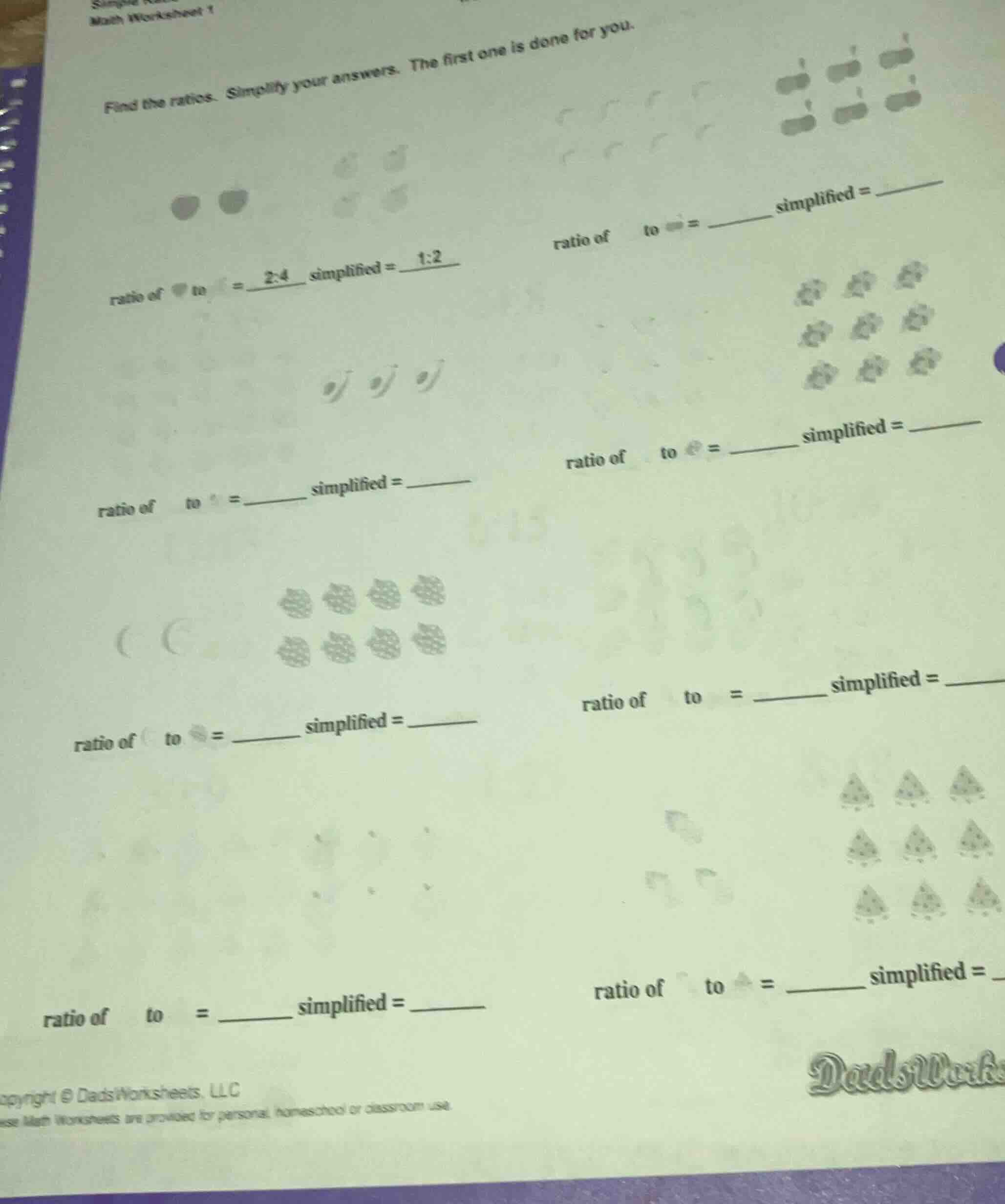 math worksheet 1 find the ratios. simplify your answers. the first one …