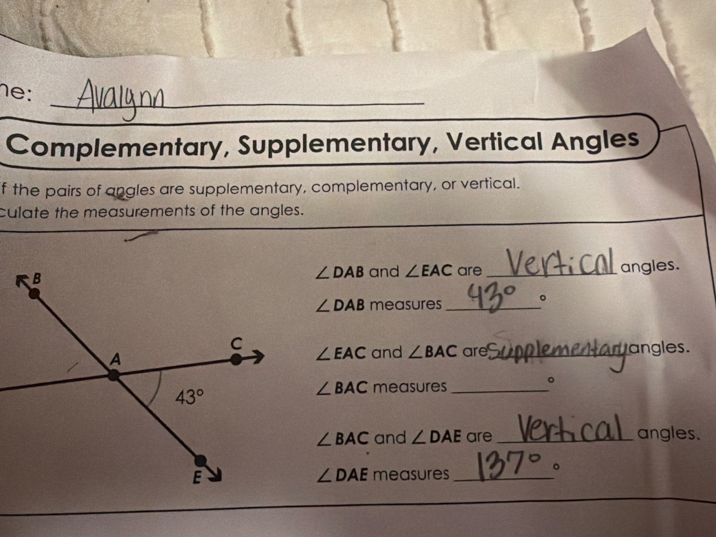 ne: avalynn complementary, supplementary, vertical angles f the pairs o…