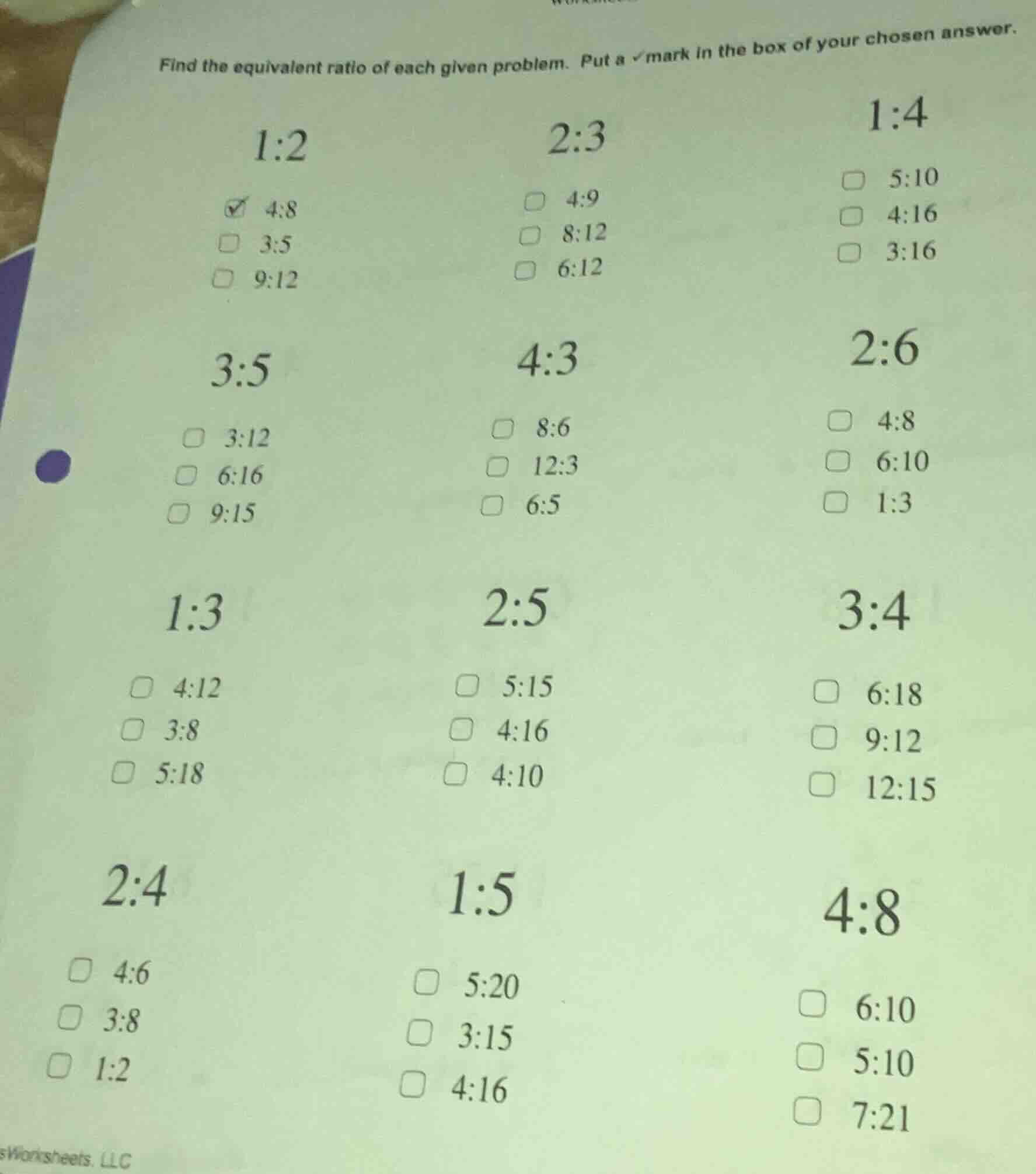 find the equivalent ratio of each given problem. put a ✓mark in the box…